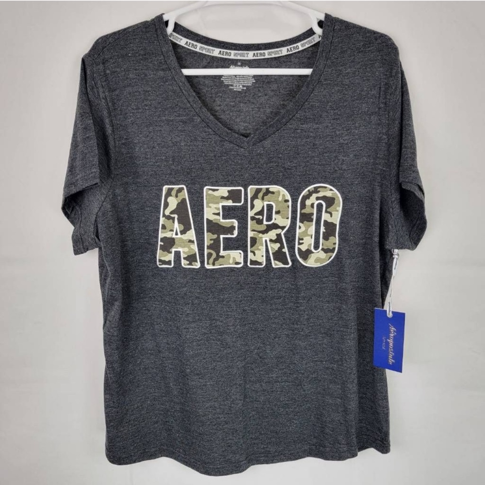 Aeropostale Womens Graphic T-Shirt Gray Heathered Camouflage V Neck